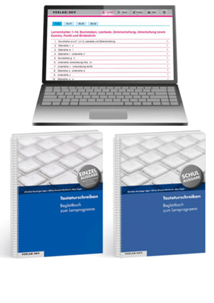 Abbildung des Online-Lernprograms "Tastaturschreiben" und der Begleitbücher